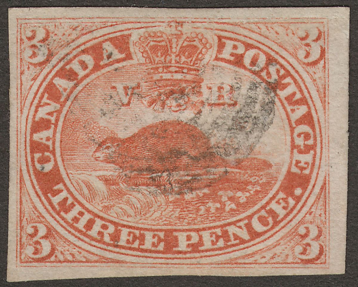 Canada Colony 1852 QV Beaver 3d Brown-Red? Used SG8 cat £275 large margins x4