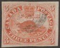 Click for more photos and details Canada Colony 1852 QV Beaver 3d Brown-Red? Used SG8 cat £275 large margins x4