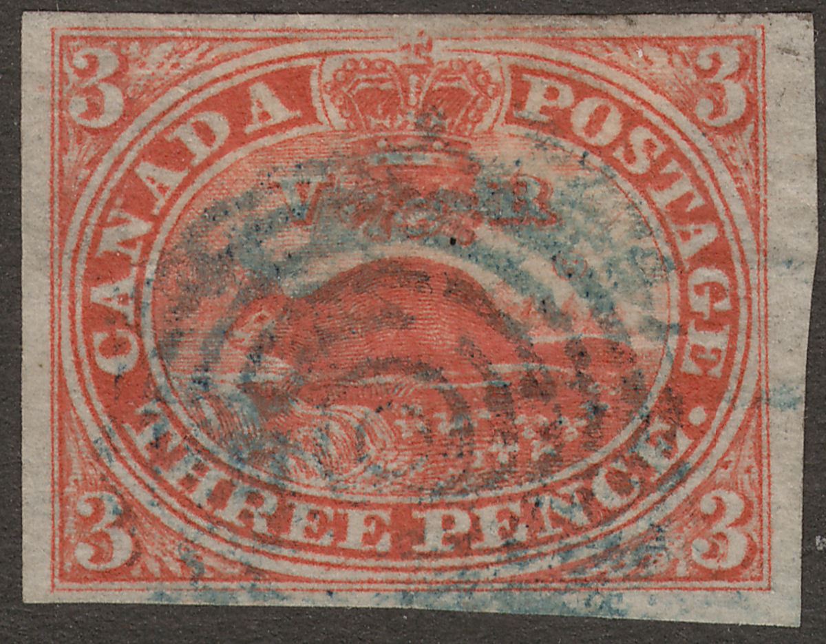 Canada Colony 1852 QV Beaver 3d Red? Used SG5 cat £225 Blue Cancel w 4 margins