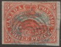 Click for more photos and details Canada Colony 1852 QV Beaver 3d Red? Used SG5 cat £225 Blue Cancel w 4 margins