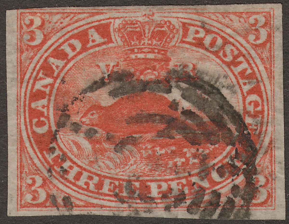 Canada Colony 1852 QV Beaver 3d Scarlet-Verm? Used SG7 cat £275 w 3+ margins