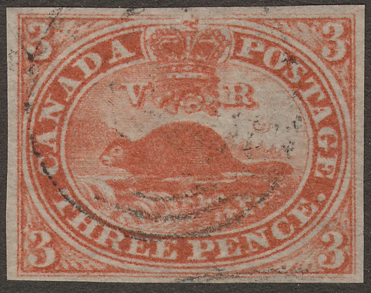Canada Colony 1852 QV Beaver 3d Brown-Red? Used SG8 cat £275 w four margins