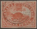 Click for more photos and details Canada Colony 1852 QV Beaver 3d Brown-Red? Used SG8 cat £275 w four margins