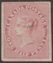 Click for more photos and details Canada Colony 1857 Queen Victoria ½d Rose Used with cleaned ink cancel SG17