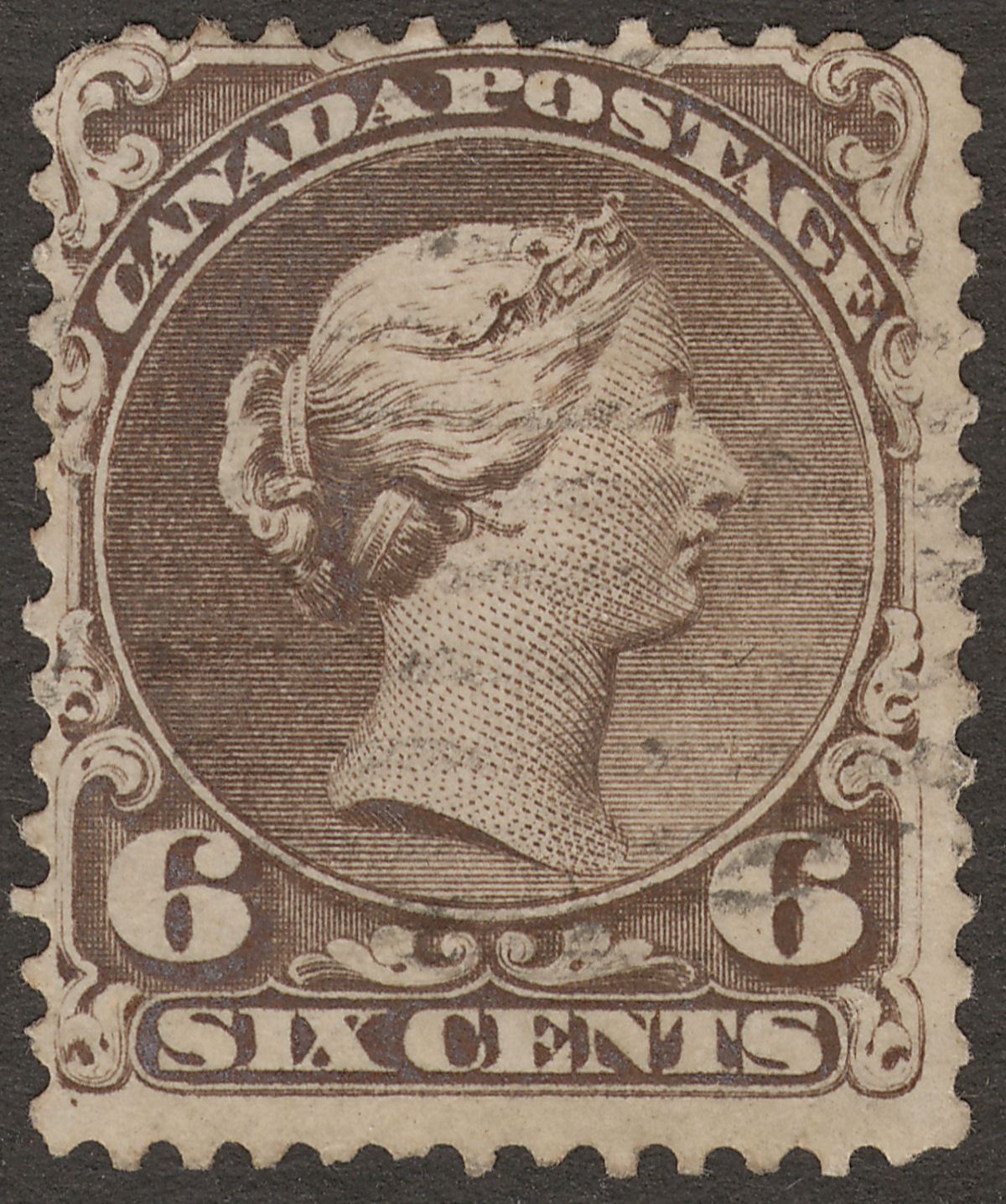 Canada 1868 QV Large Queen 6c Blackish Brown Used SG50 cat £170 thin paper