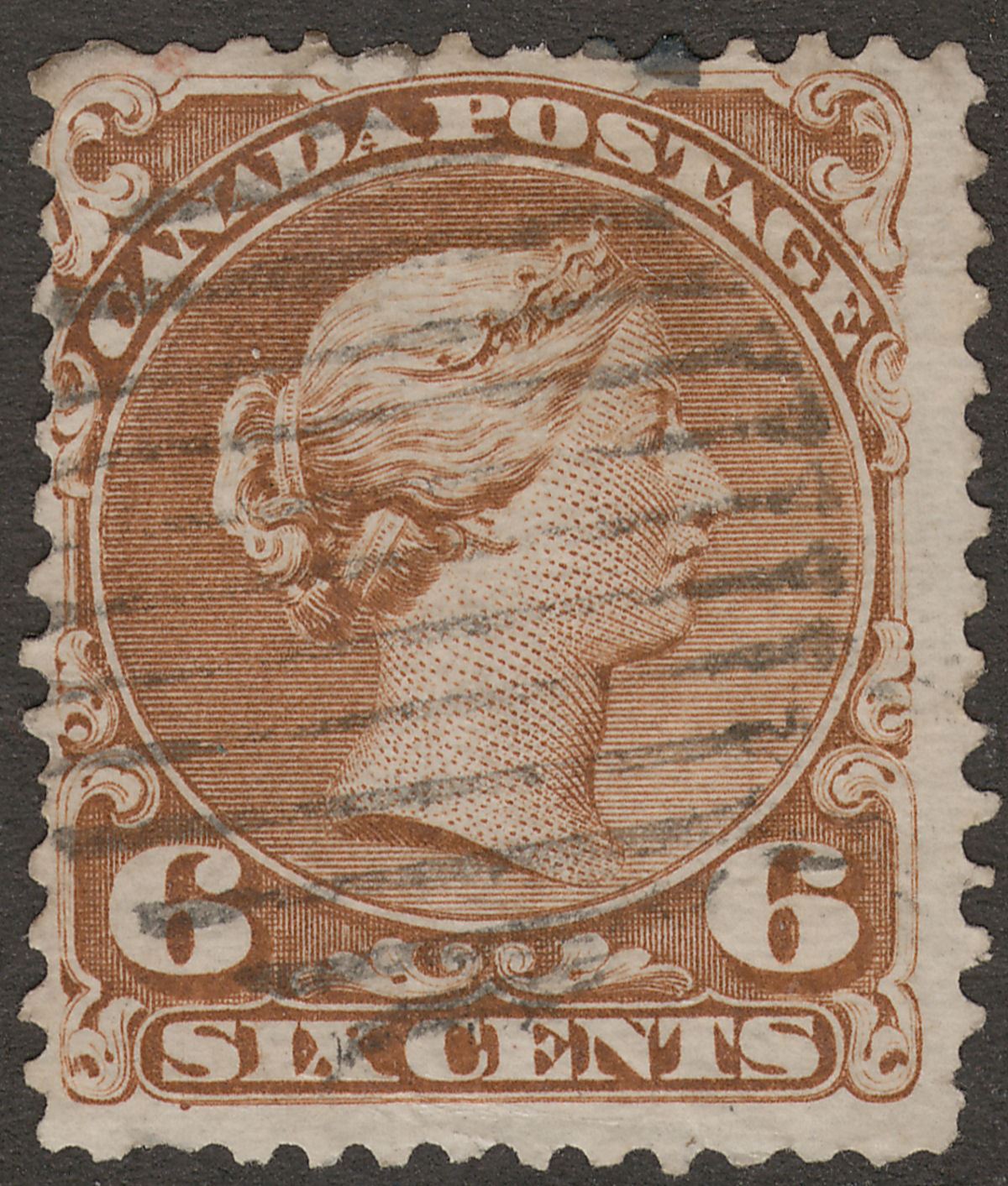 Canada 1870 QV Large Queen 6c Yellow-Brown Used SG59b cat £65 perf faults