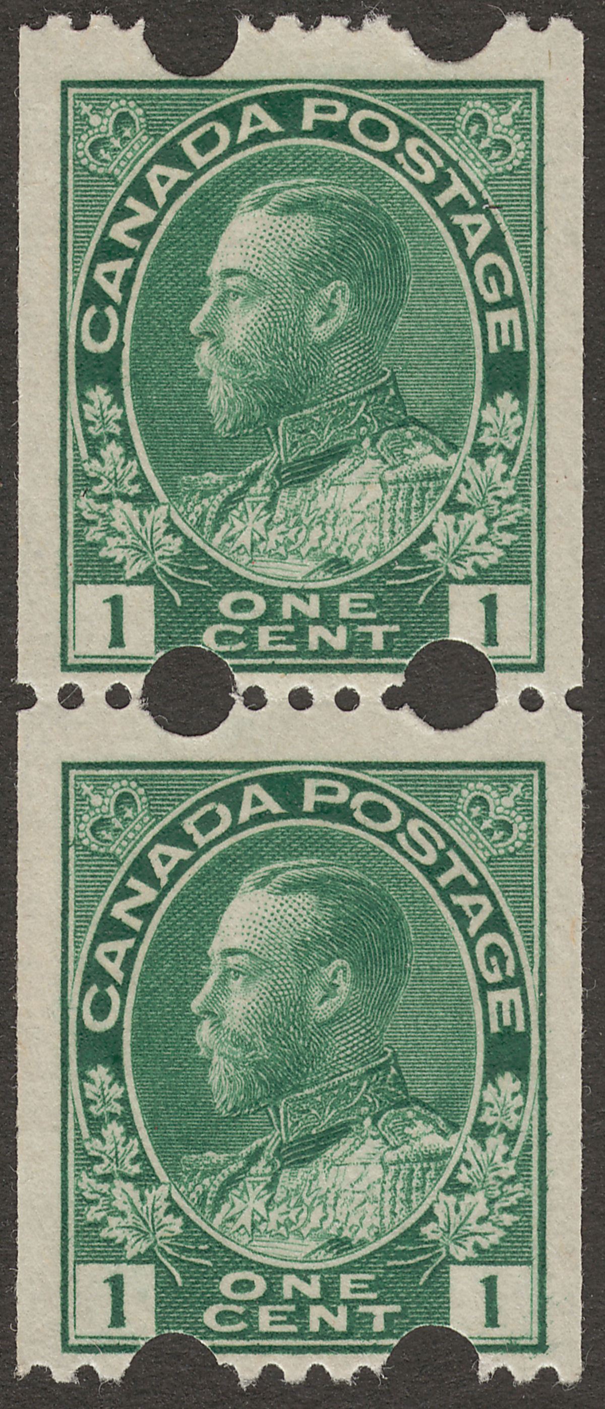 Canada 1918 KGV 1c Pair p12 x Imperf Large Holes Coil Pair Mint SG217a cat £80