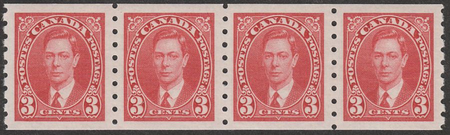 Canada 1937 KGVI 3c Scarlet Coil imperf x perf 8 Strip of 4 Mint SG370