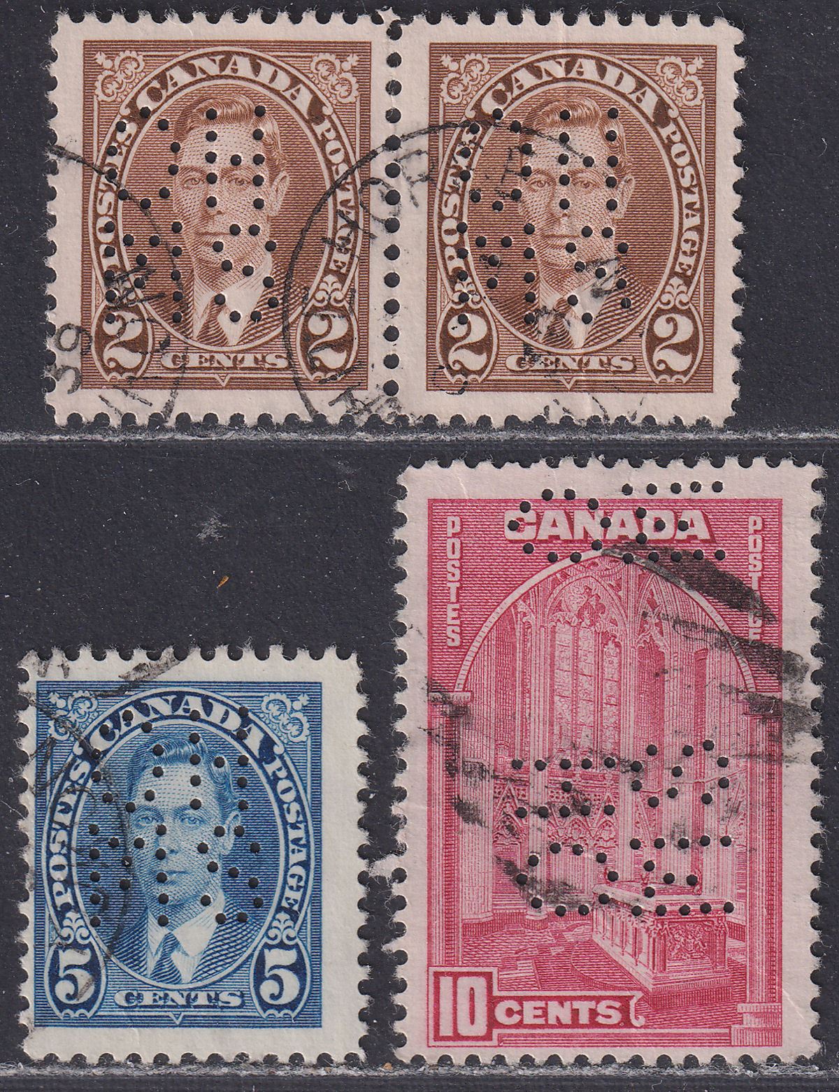 Canada 1937 KGVI Official OHMS 5 Hole Perfins 2c Pair, 5c, 10c Used cat £60