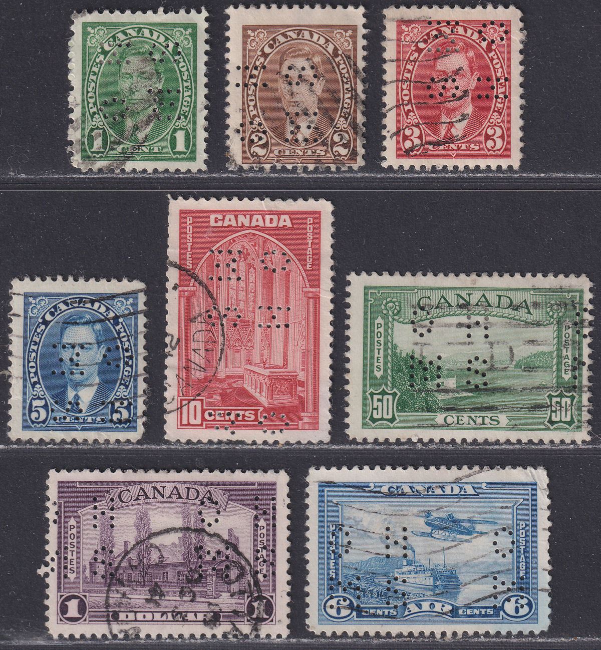 Canada 1939 KGVI Official OHMS Perfin Part Set to $1 + Airmail 6c Used - FAULTY