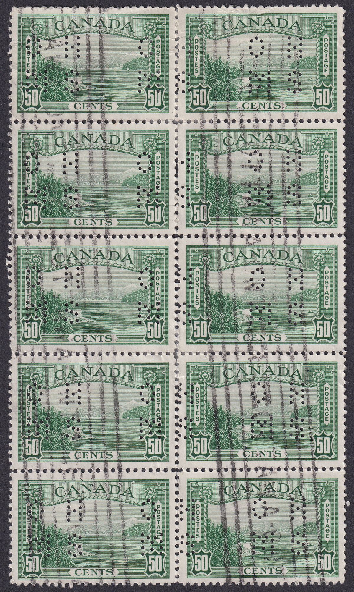 Canada 1939 KGVI Official OHMS Perfin 50c Green Block of 10 Used SG O129 c£150