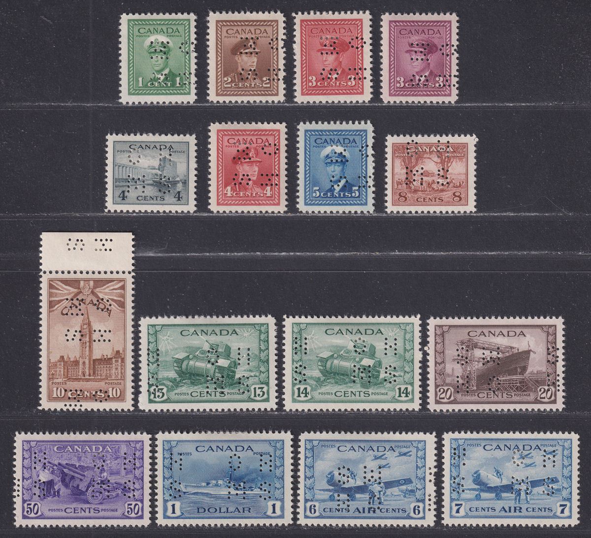 Canada 1942 KGVI Official OHMS Perfin Set Mint SG O137-O152 cat £250