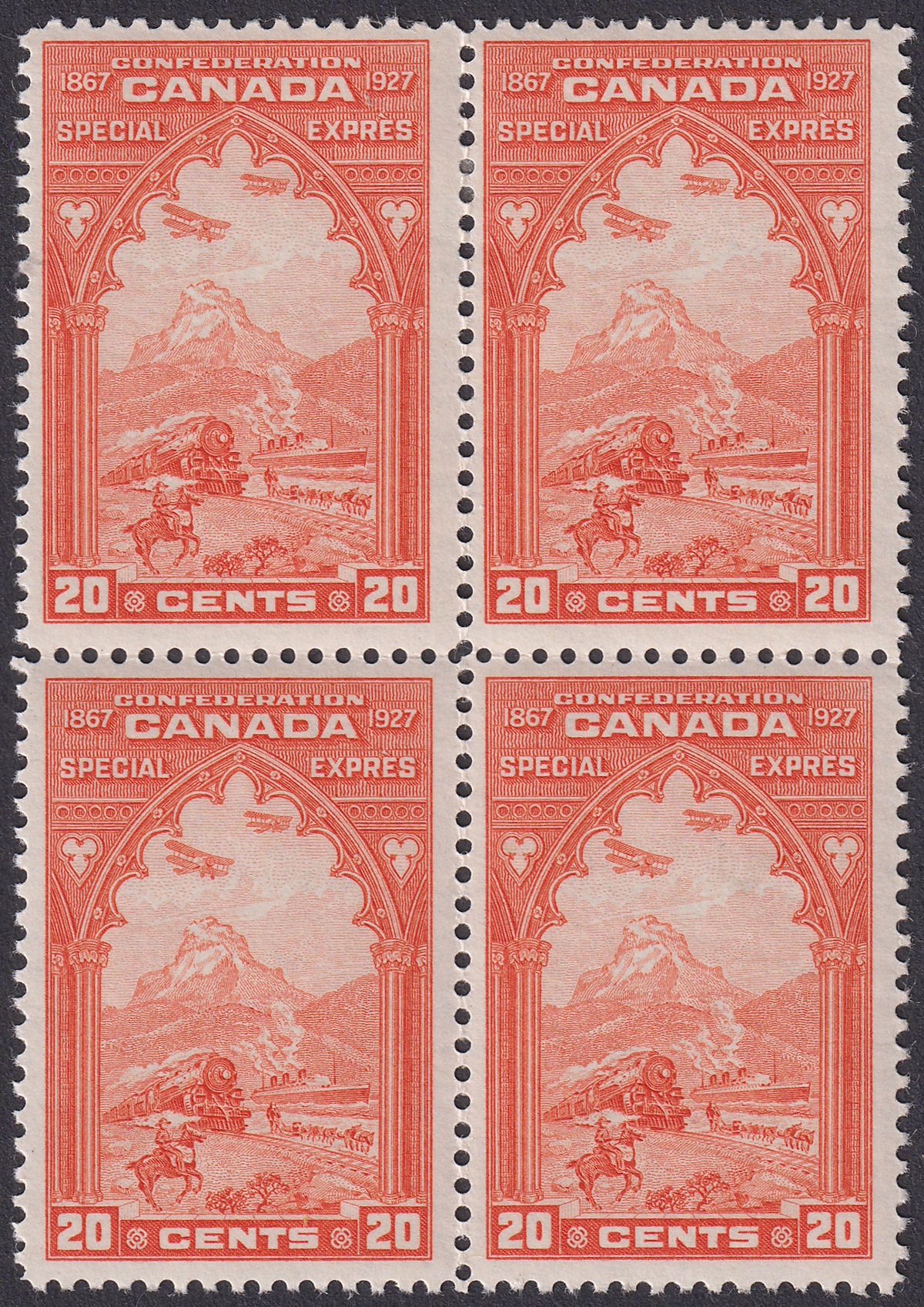 Canada 1927 KGV Special Delivery 20c Orange Block of 4 Mint SG S5 cat £100