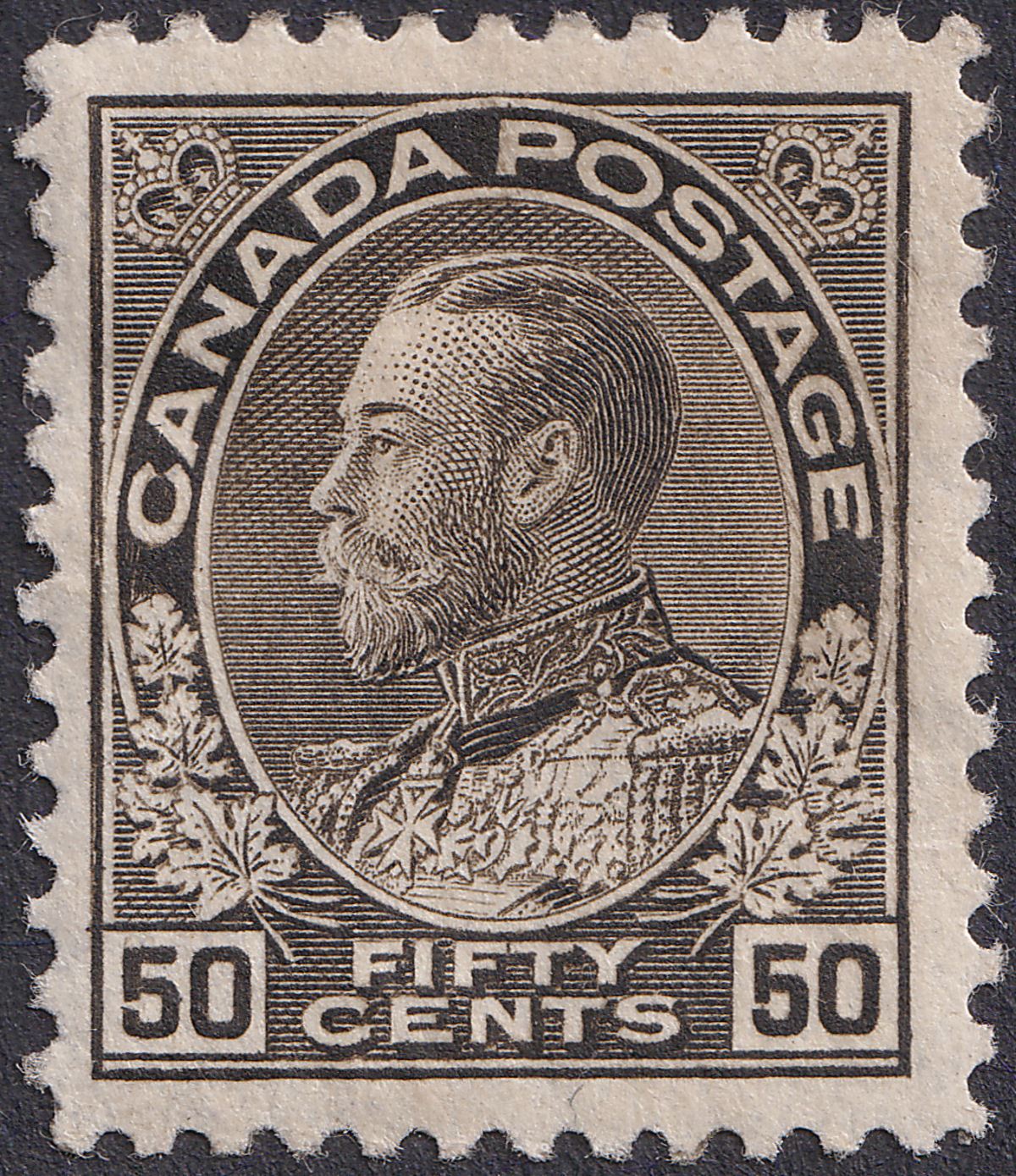 Canada 1911 King George V 50c Sepia Mint SG215 cat £60 small thin