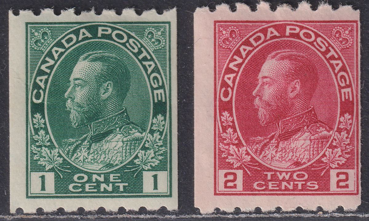 Canada 1913 KGV 1c, 2c Perf 8 x Imperf Coils Mint SG224a-224b cat £150