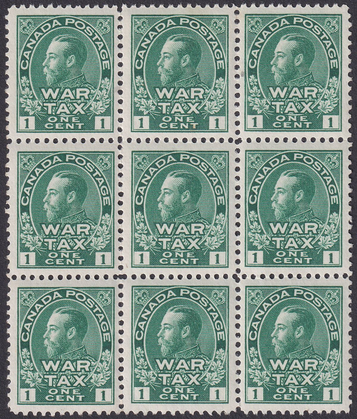 Canada 1915 KGV War Tax 1c Green Block of 9 Mint SG228 cat £135