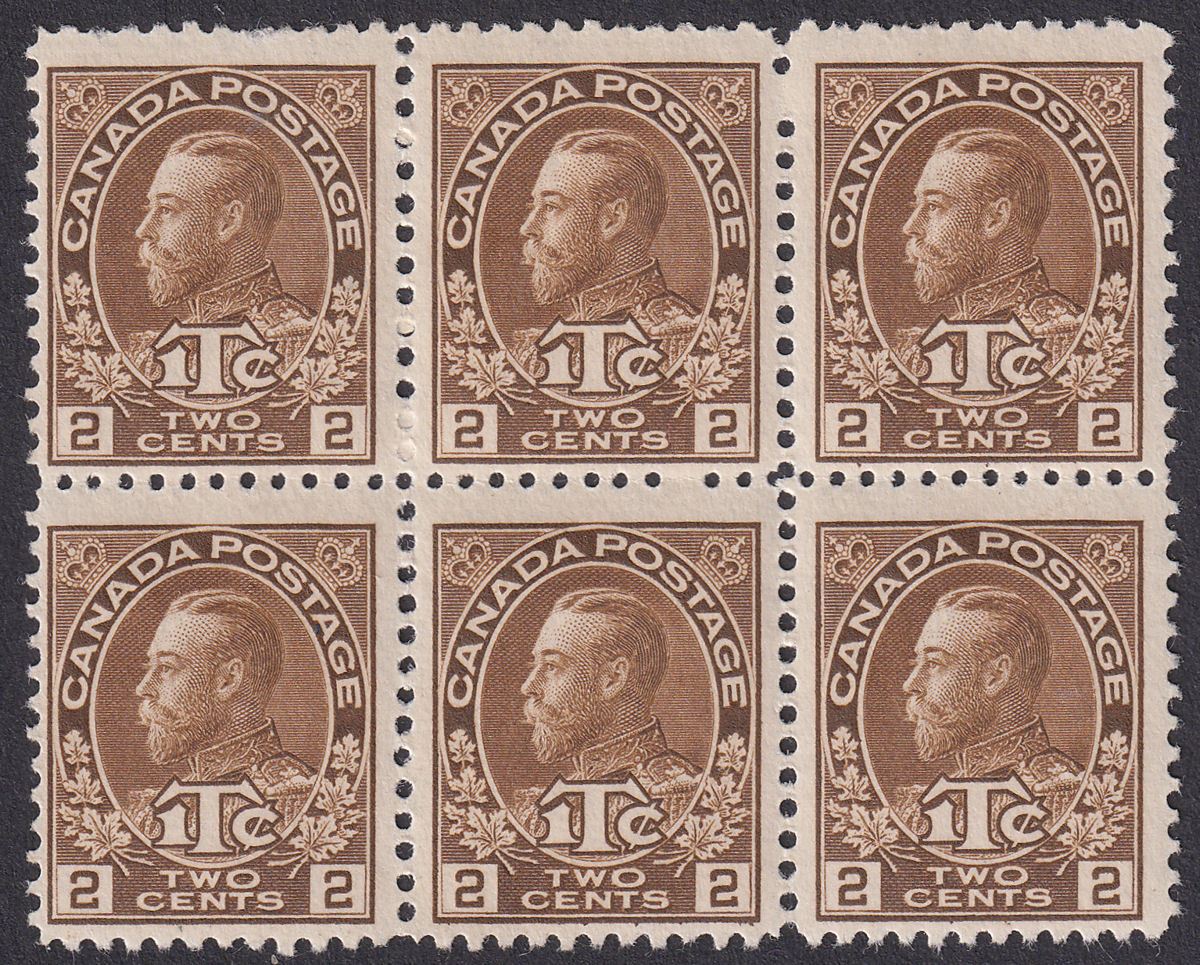 Canada 1916 KGV War Tax Die II 2c+1c Yellow-Brown Die II Block of 6 Mint SG239