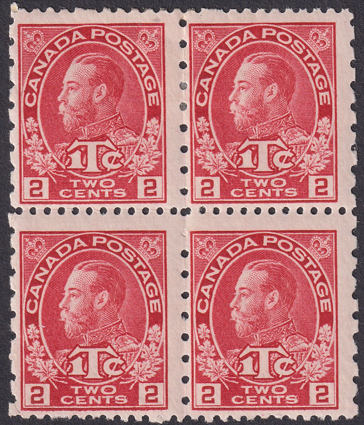 Canada 1916 KGV Tax 2c+1c Carmine-Red perf 12 x 8 Die I Block Mint SG235 cat£160