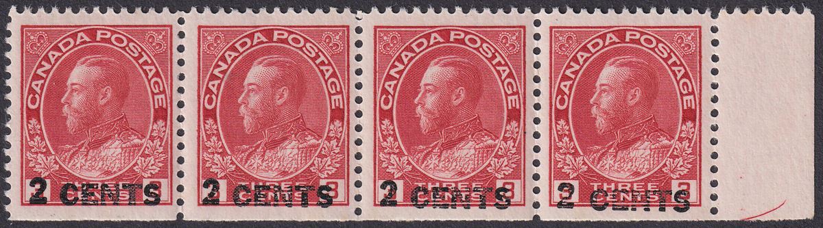 Canada 1926 King George V 2c Surcharge on 3c Carmine Strip Mint SG264 cat £200