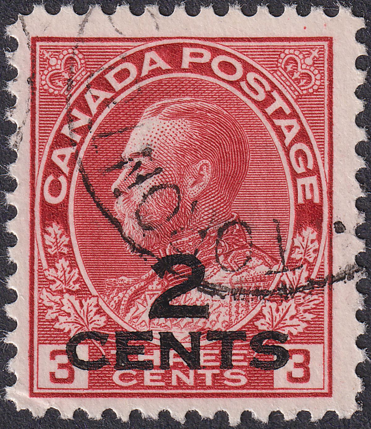 Canada 1926 King George V 2c on 3c Carmine Surcharge Used SG265 cat £35
