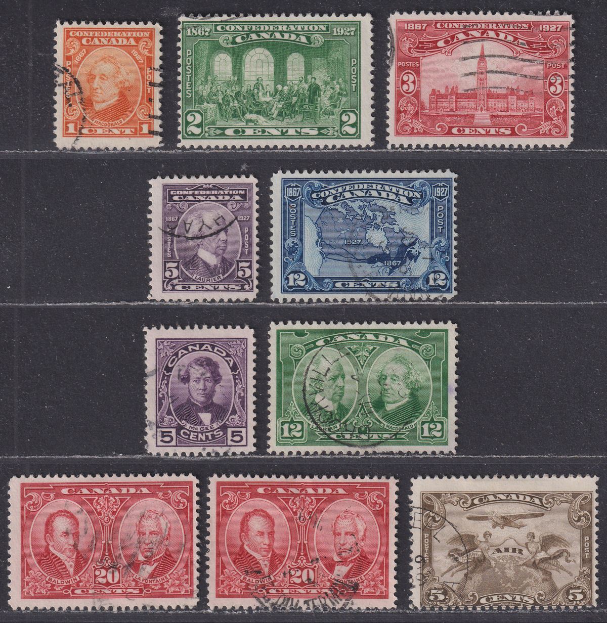 Canada 1927 KGV 60th Anniv of Confederation Sets + Airmail 5c Used SG266-274 £50