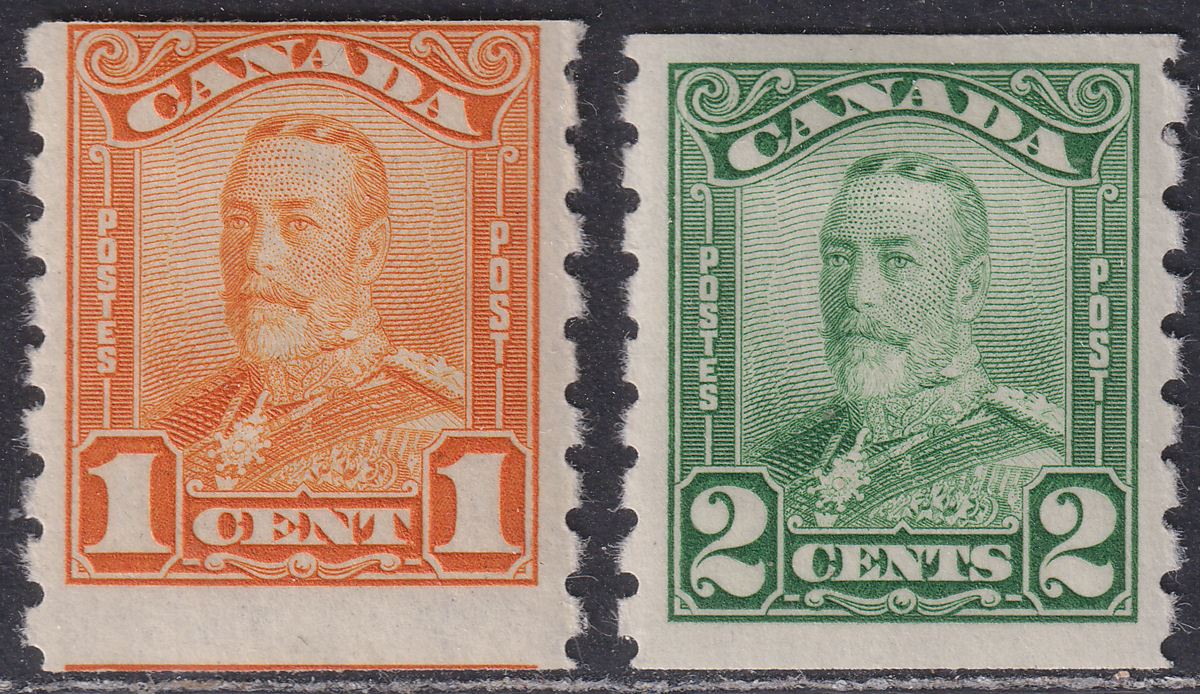 Canada 1928 KGV 1c Orange, 2c Green Imperf x Perf 8 Coil Mint SG286-287 cat £60