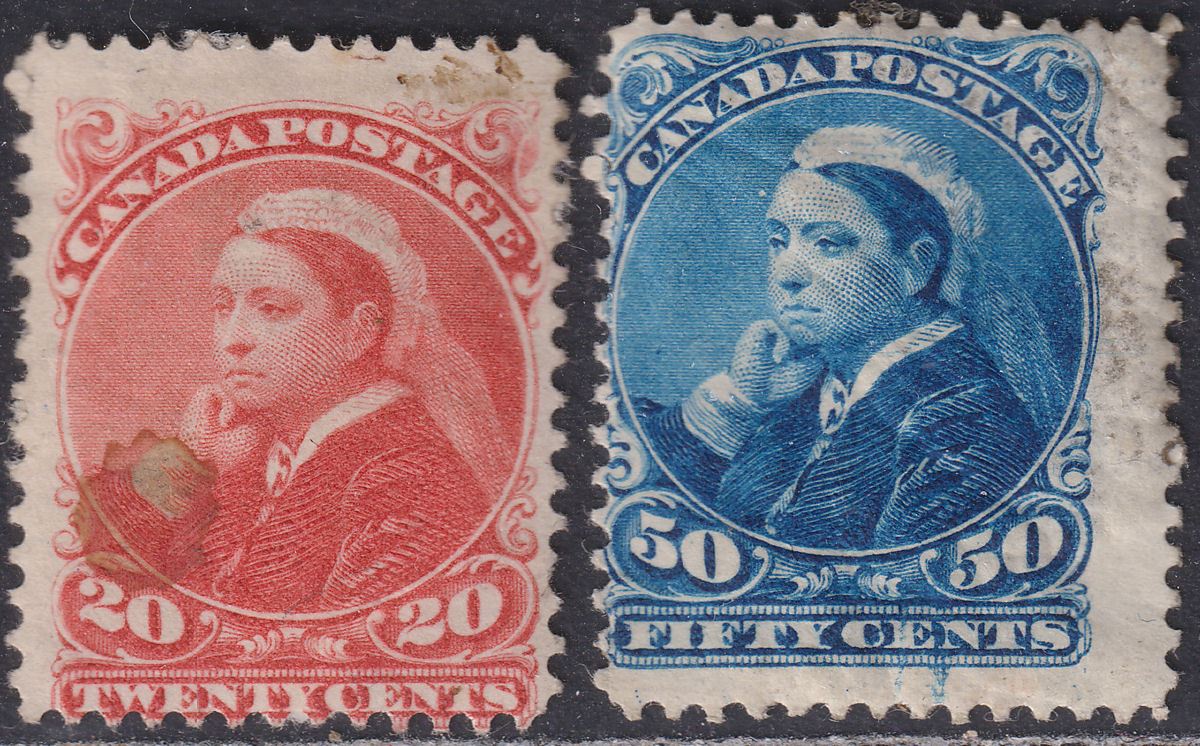 Canada 1893 QV Widow Weeds 20c Vermilion, 50c Blue Mint SG115-116 BOTH FAULTY