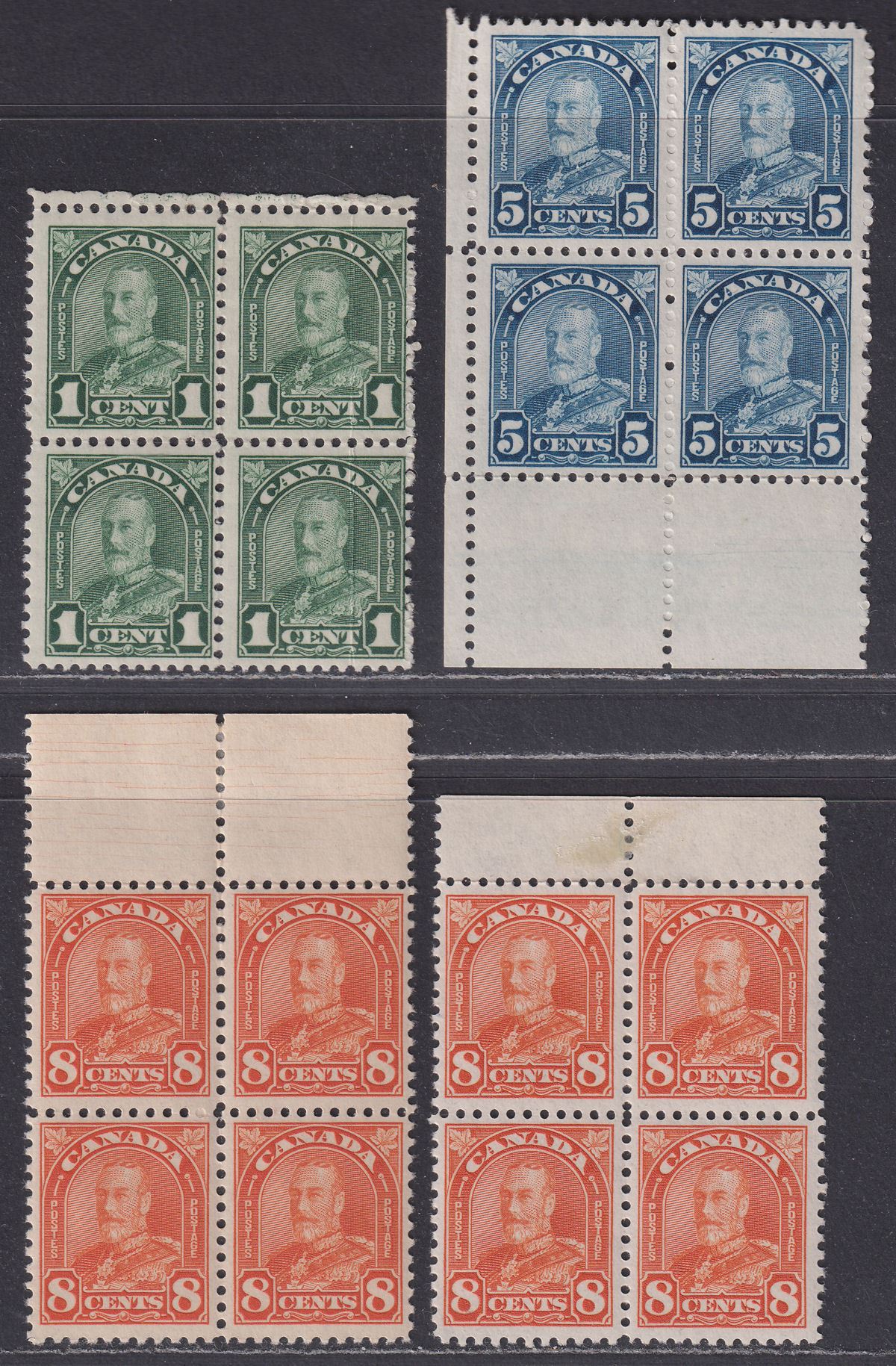 Canada 1930 King George V 1c, 5c, 8c Blocks of 4 Mint SG289 SG296 SG298