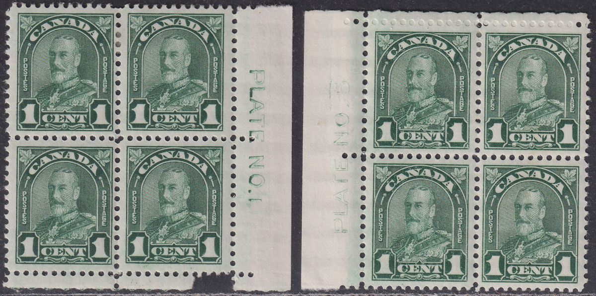Canada 1930-31 KGV 1c Green Die I, Die II Plate No Blocks of 4 Mint SG289 SG289d