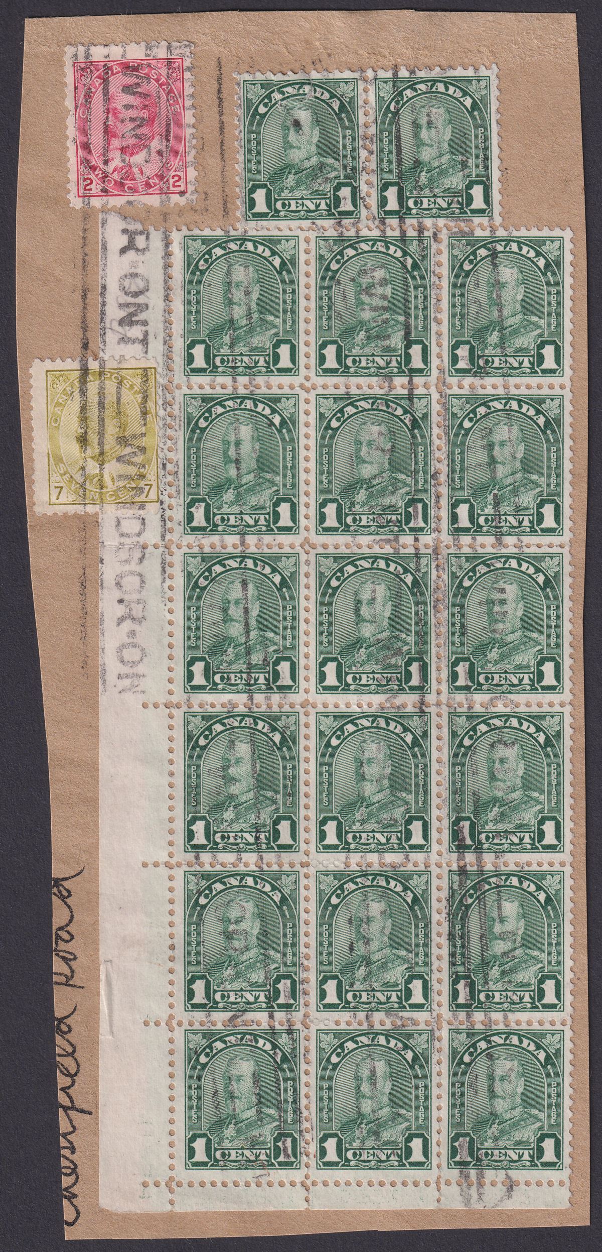 Canada c1931 KEVII 7c, 2c, KGV 1c x 20 Used on Piece with WINDSOR Postmarks