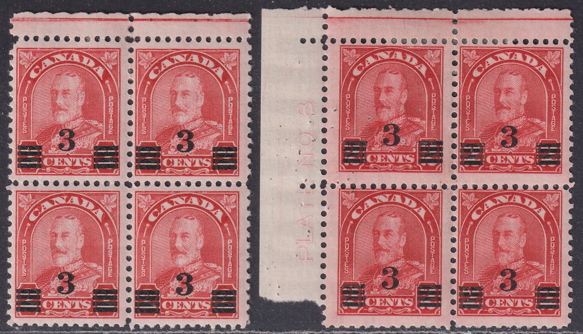 Canada 1932 KGV 3c Surcharge on 2c Scarlet Die I + Die II Blocks Mint SG314-314a
