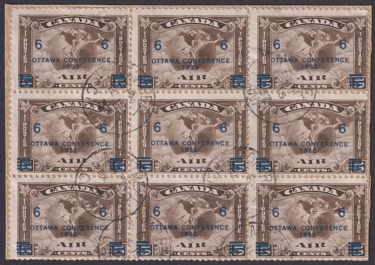 Canada 1932 KGV Ottawa Conference 6c on 5c Block of 9 Used on Piece SG318