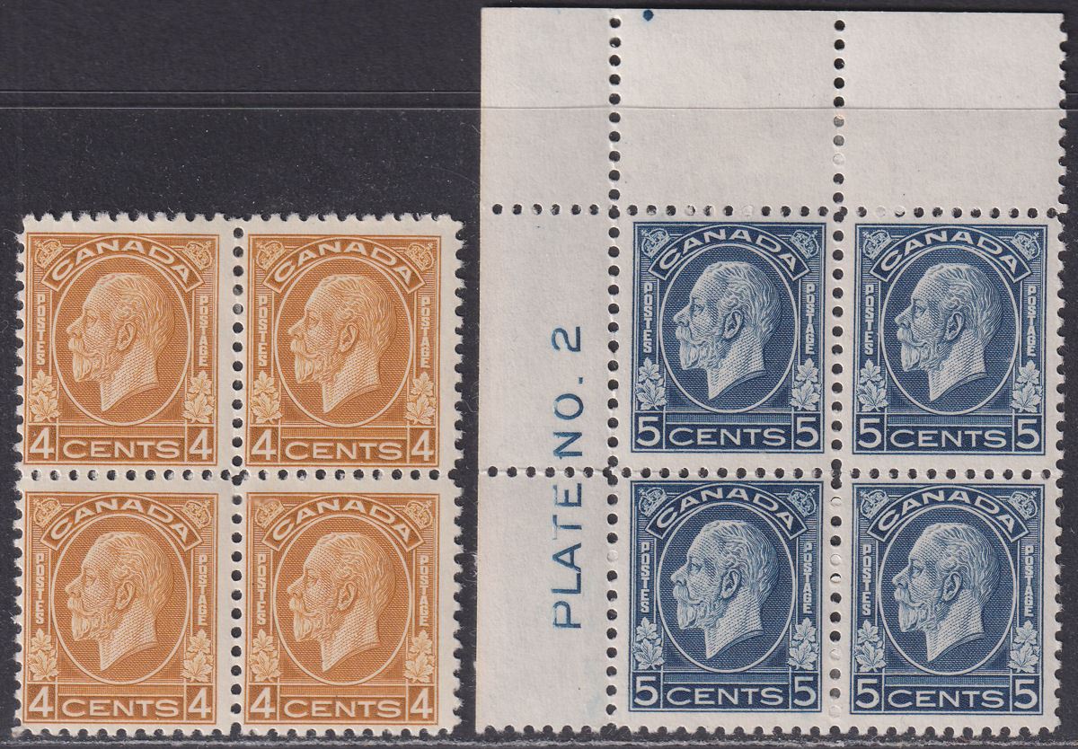 Canada 1932 King George V 4c Yellow-Brown, 5c Blue Blocks Mint SG322-323 c£250