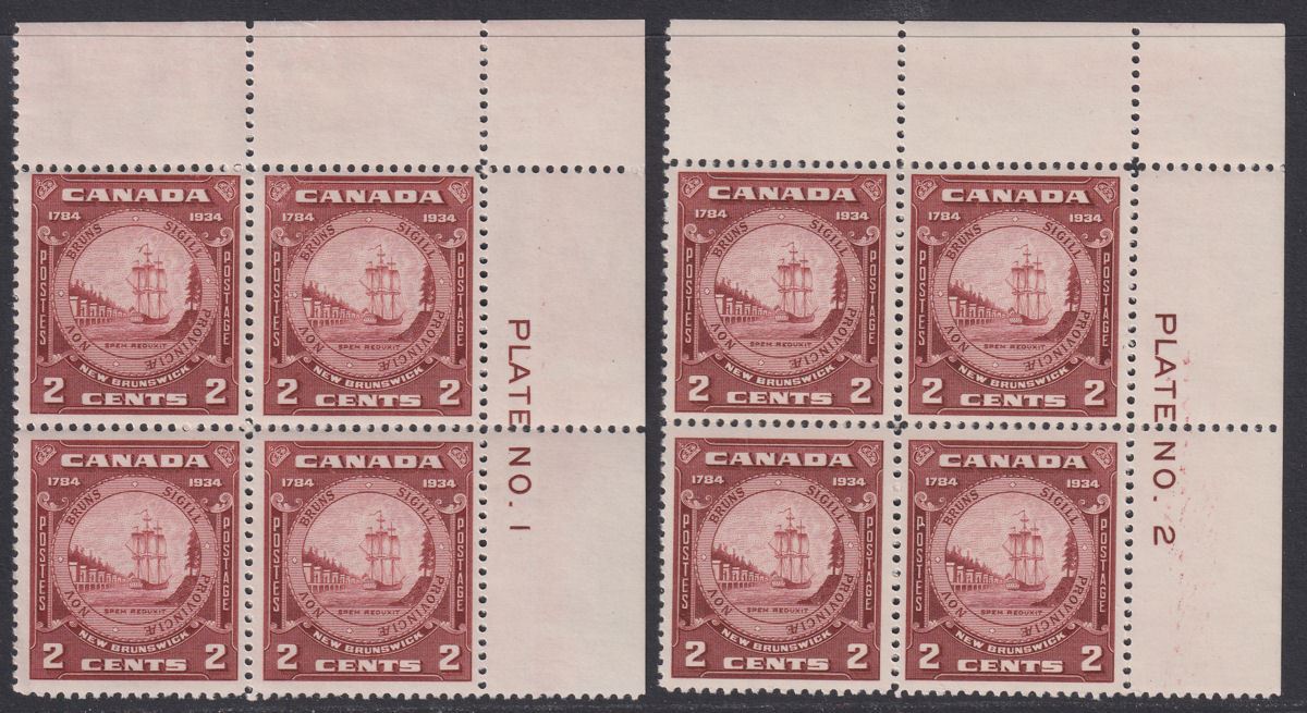 Canada 1934 KGV 150th Anniv of New Brunswick 2c Plate No Blocks of 4 Mint SG334