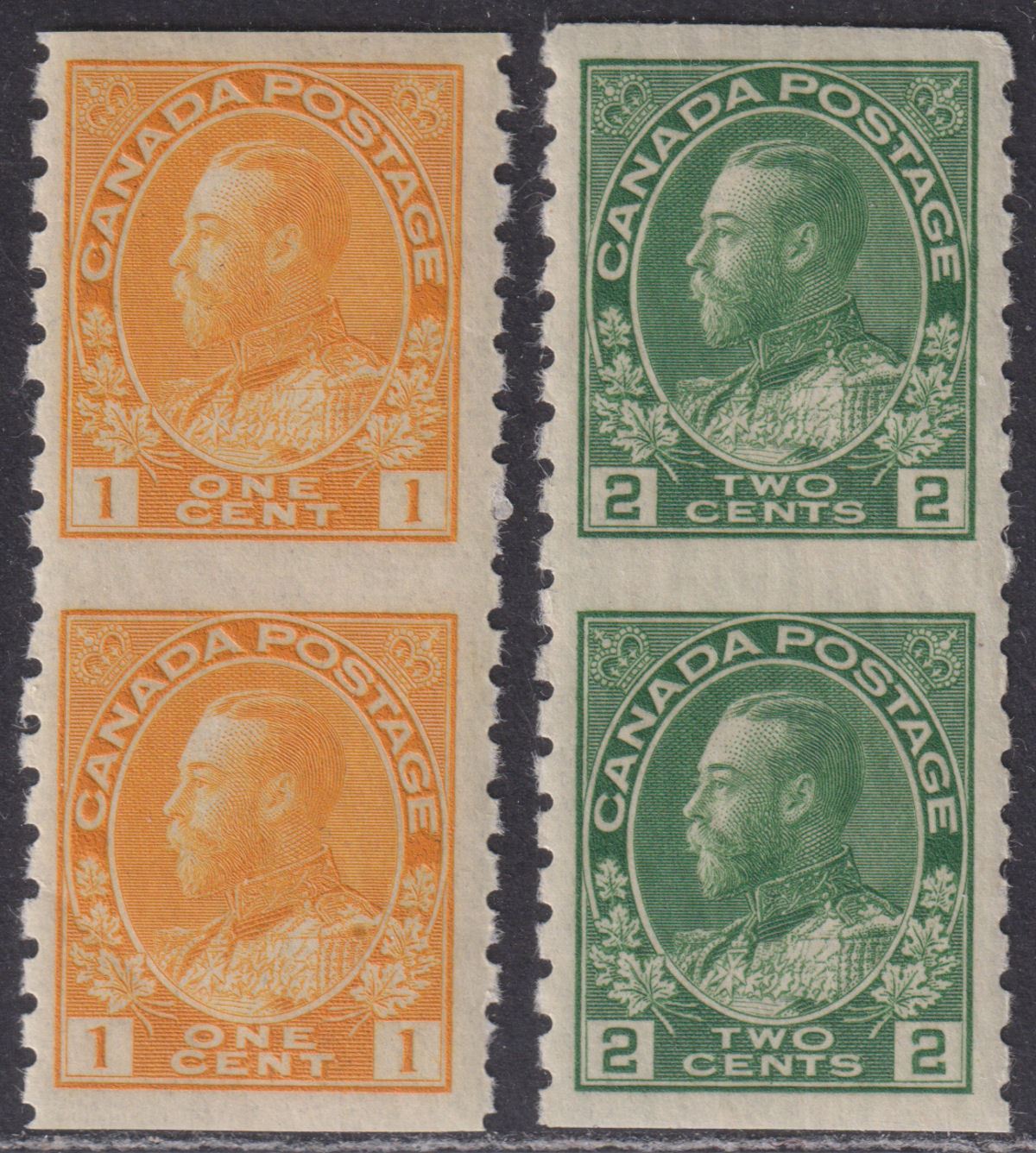 Canada 1922-25 King George V 1c, 2c Imperf x Perf 8 Coil Pairs Mint SG256c-257b