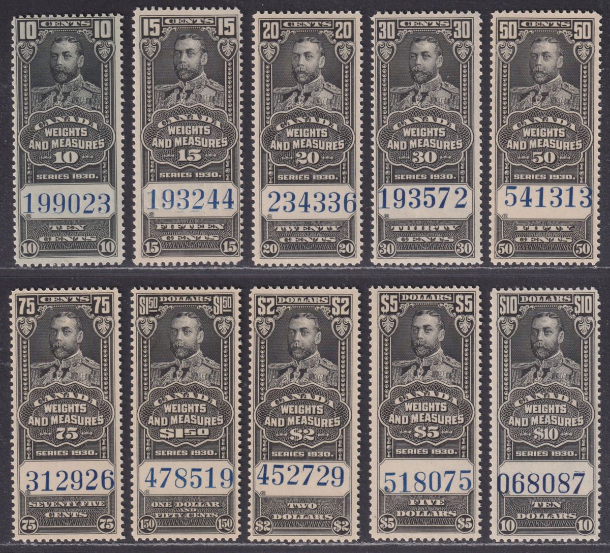 Canada 1930 KGV Revenue Weights and Measures Selection to $10 UM Mint