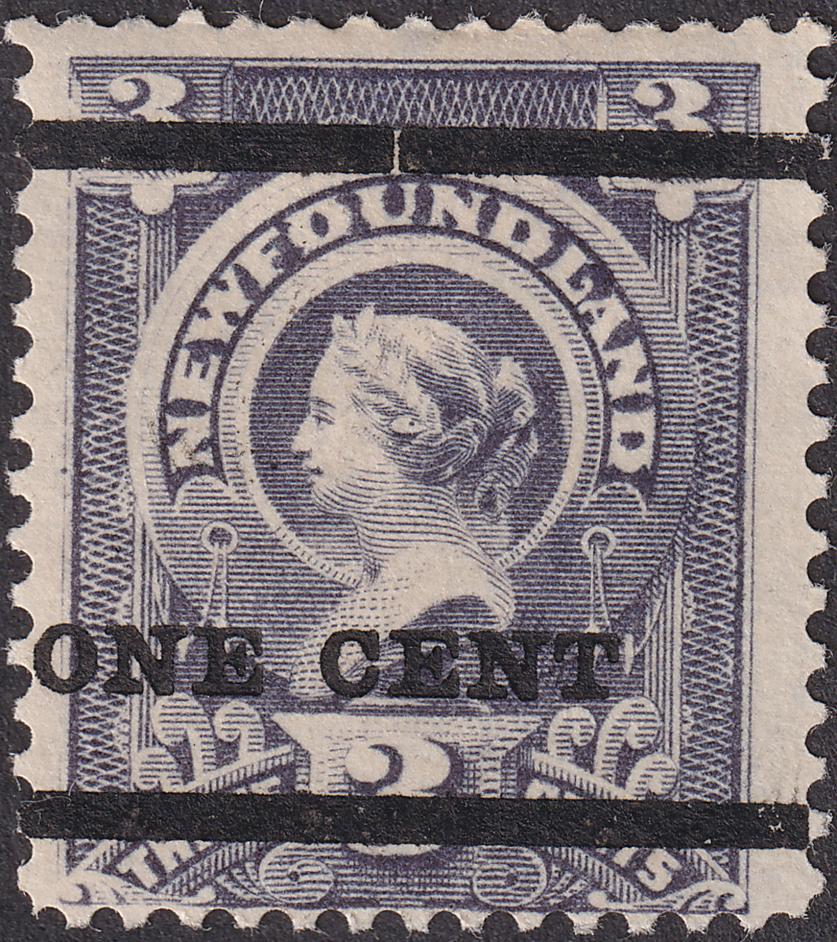 Newfoundland 1897 QV 1c on 3c Grey-Purple Surcharge Mint SG80 cat £80 w gum loss
