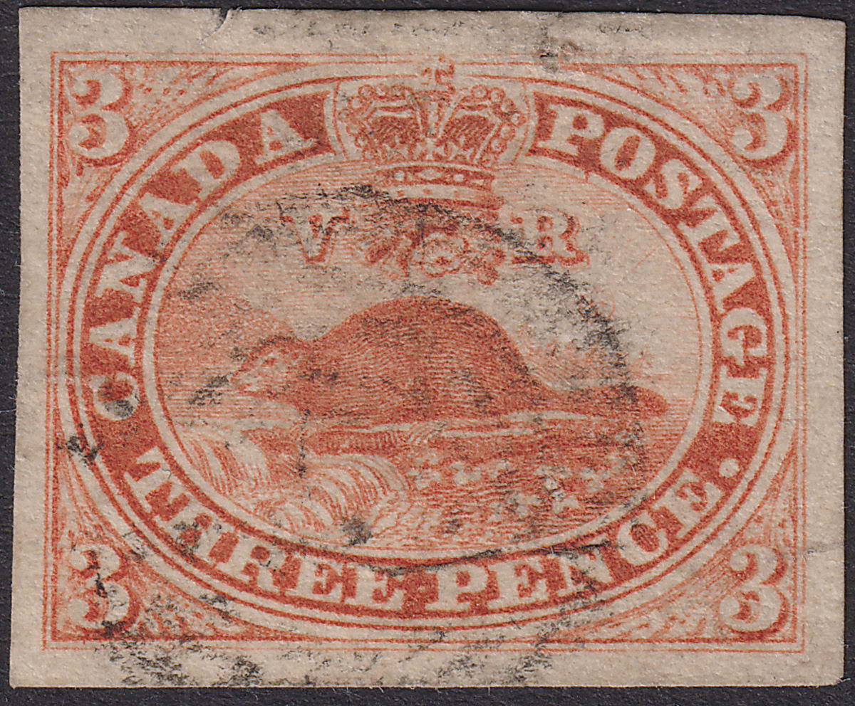 Canada Colony 1852 QV 3d Red Imperf Used SG5 cat £275 4 margins note pinhole