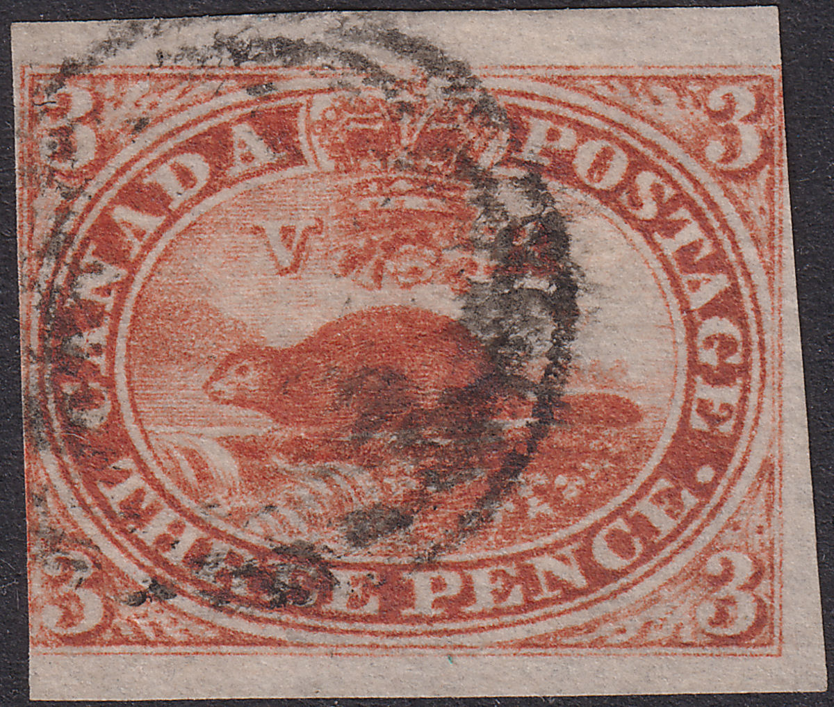 Canada Colony 1852 QV 3d Red Imperf Used SG5 cat £275 on thin paper