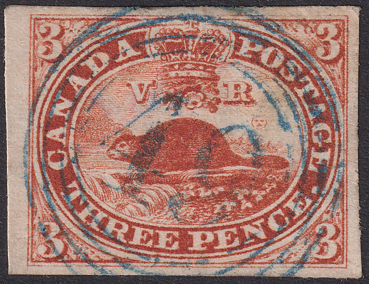 Canada Colony 1852 QV 3d Deep Red Imperf Used SG6 c£275 4 margins blue 49 Pmk