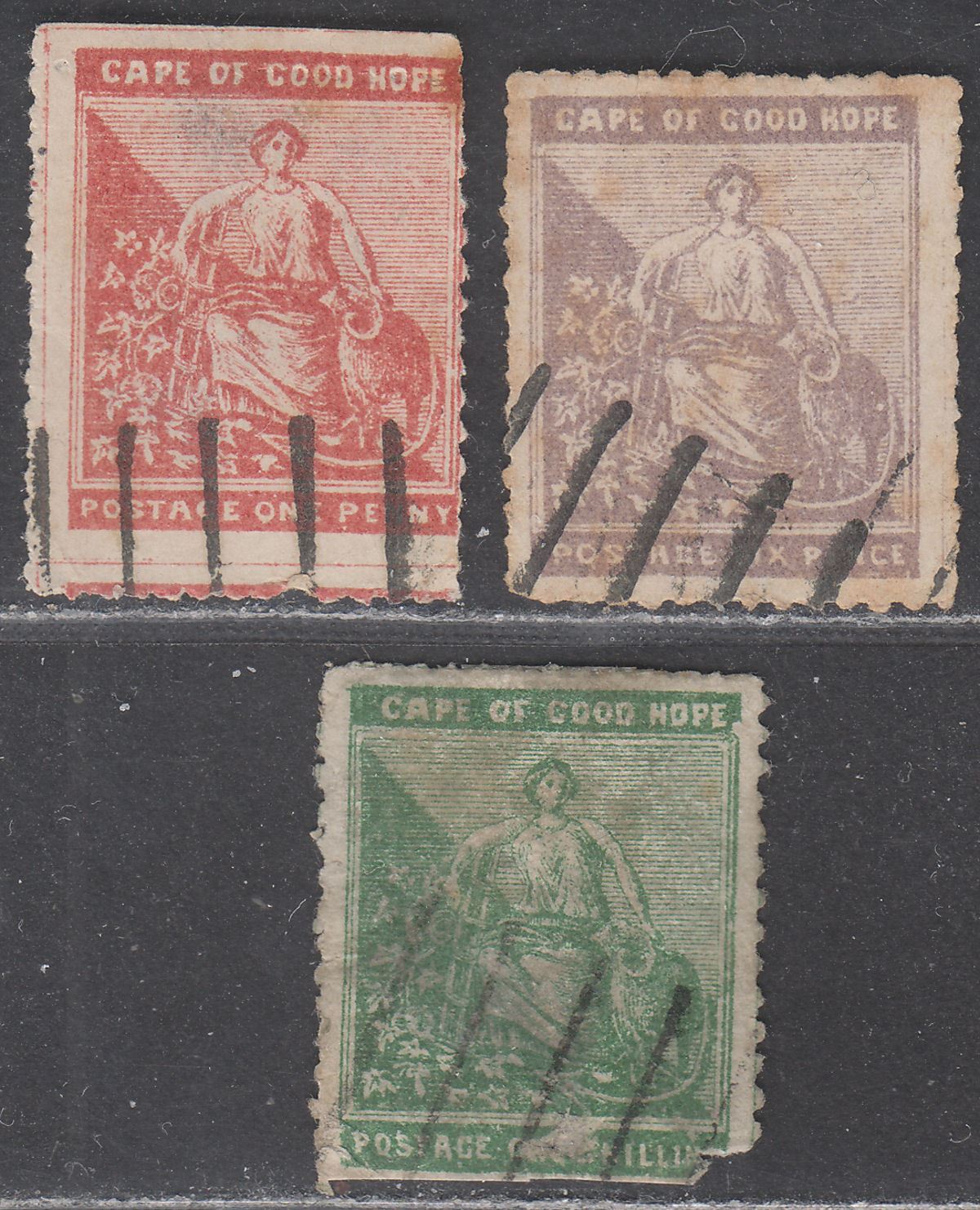 Cape of Good Hope QV Hope Seated 1d, 6d, 1sh Forgeries "Used" FAULTY