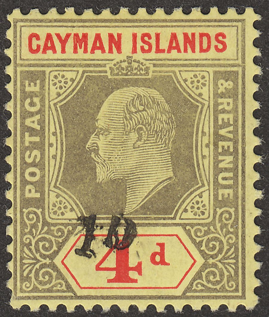 Cayman Islands 1908 KEVII 1d on 4d Black + Red on Yel Mint Revenue SG Footnoted