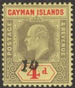Click for more photos and details Cayman Islands 1908 KEVII 1d on 4d Black + Red on Yel Mint Revenue SG Footnoted
