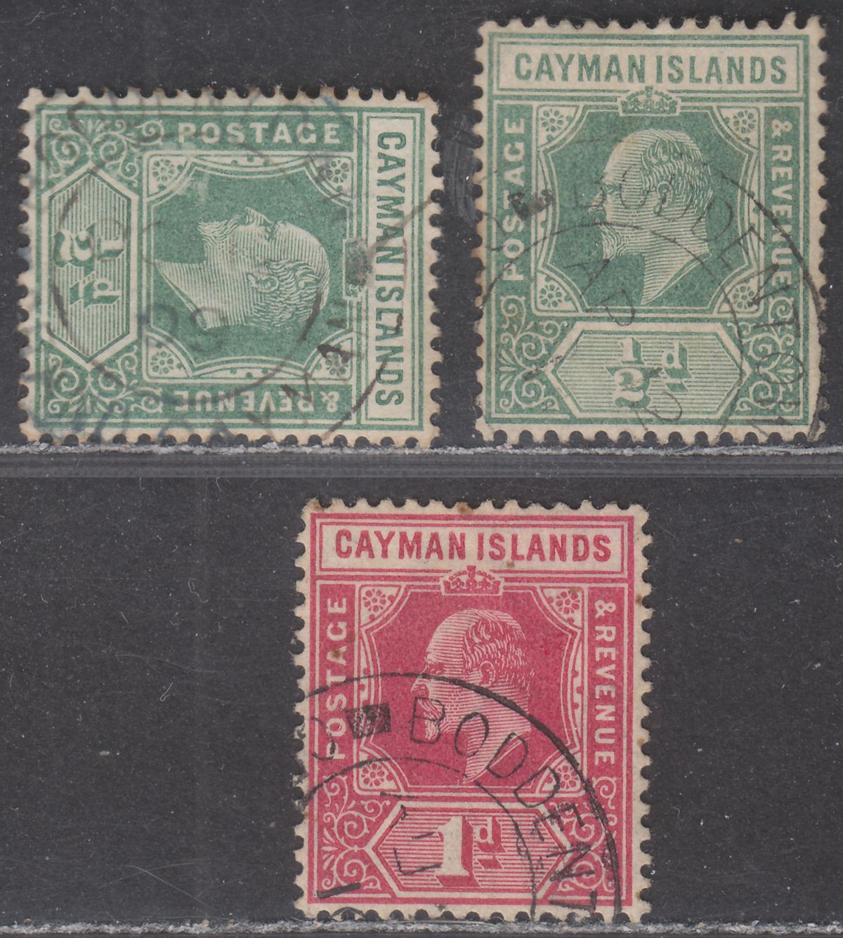 Cayman Islands 1907 KEVII ½d x2, 1d Used with BODDENTOWN postmarks