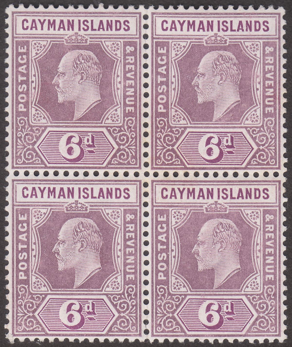Cayman Islands 1908 KEVII 6d Dull Purple and Violet Purple Block of 4 Mint SG30