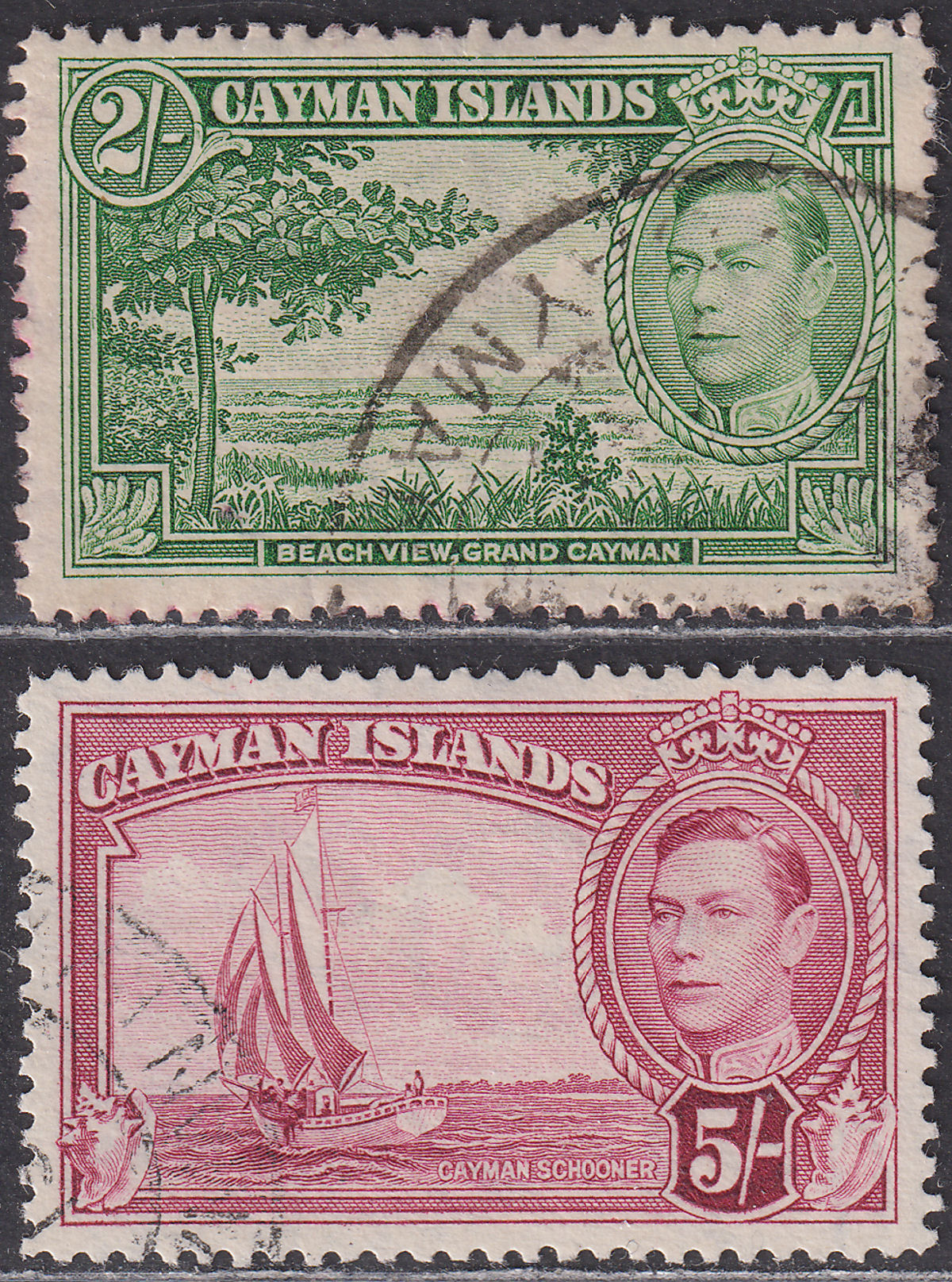 Cayman Islands 1938 King George VI 2sh, 5sh Used SG124-125