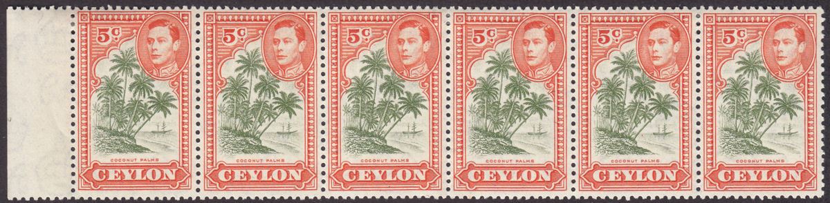 Ceylon 1947 KGVI 5c Sage-Green and Orange p12 Strip of 6 Mint SG387g cat £13
