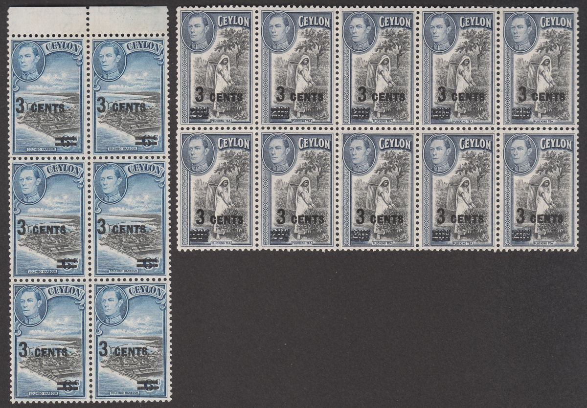 Ceylon 1940-41 KGVI 3c on 6c, 3c on 20c Surcharge Blocks Mint SG398-399