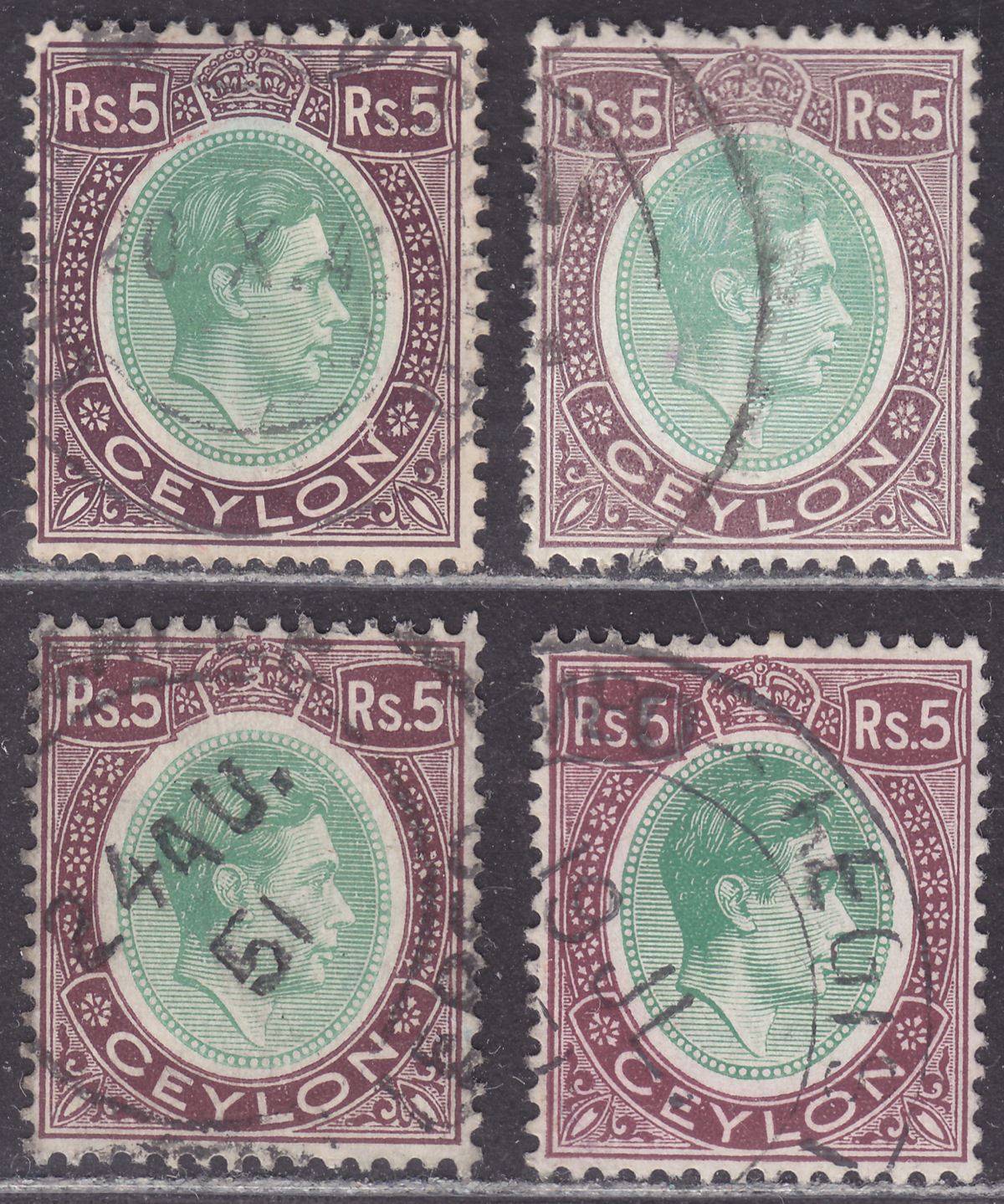 Ceylon 1938-43 KGVI 5r Green and Purple Selection of Shades Used