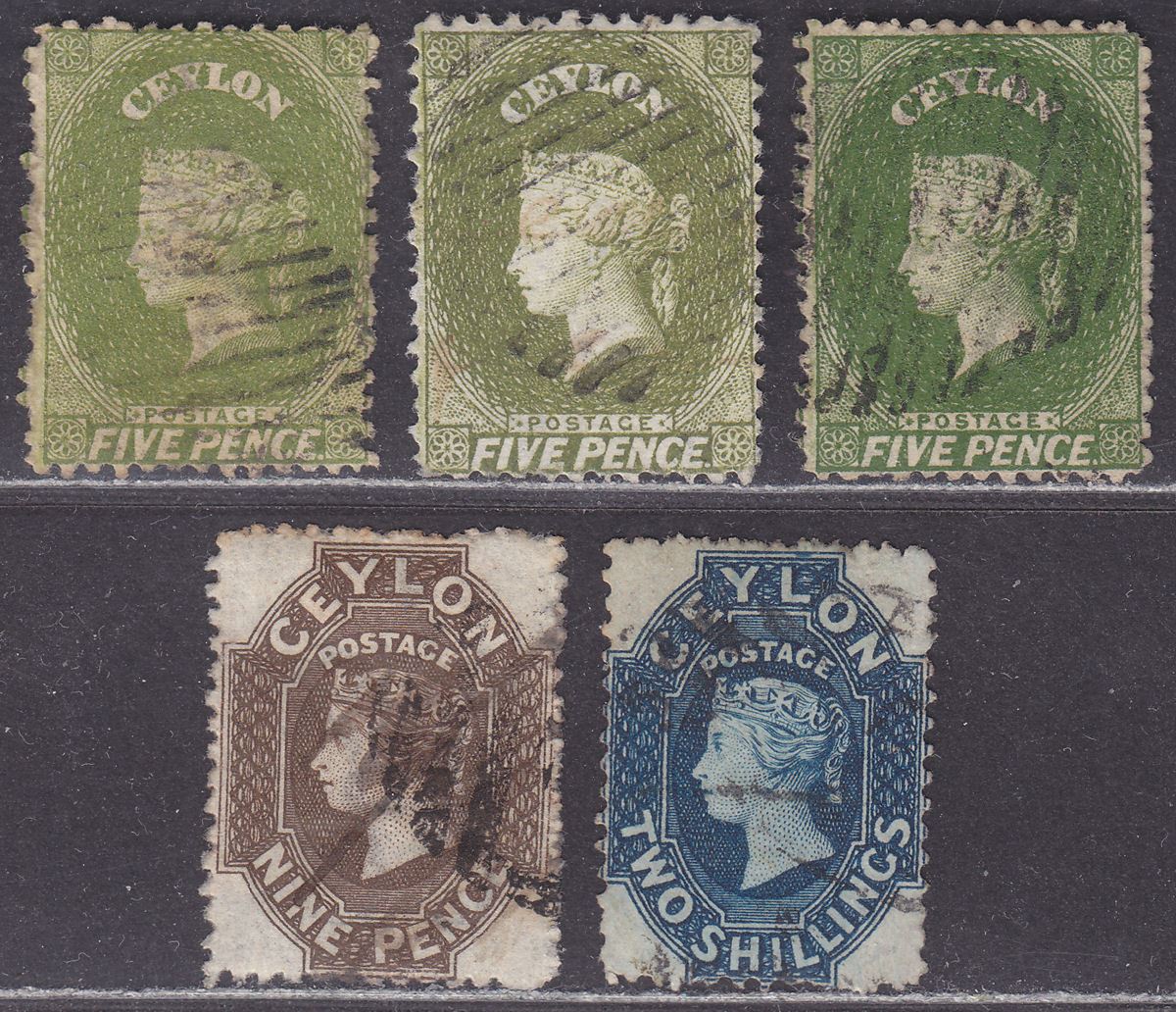 Ceylon 1867 Queen Victoria wmk Crown CC 5d Selection, 9d, 2sh Used